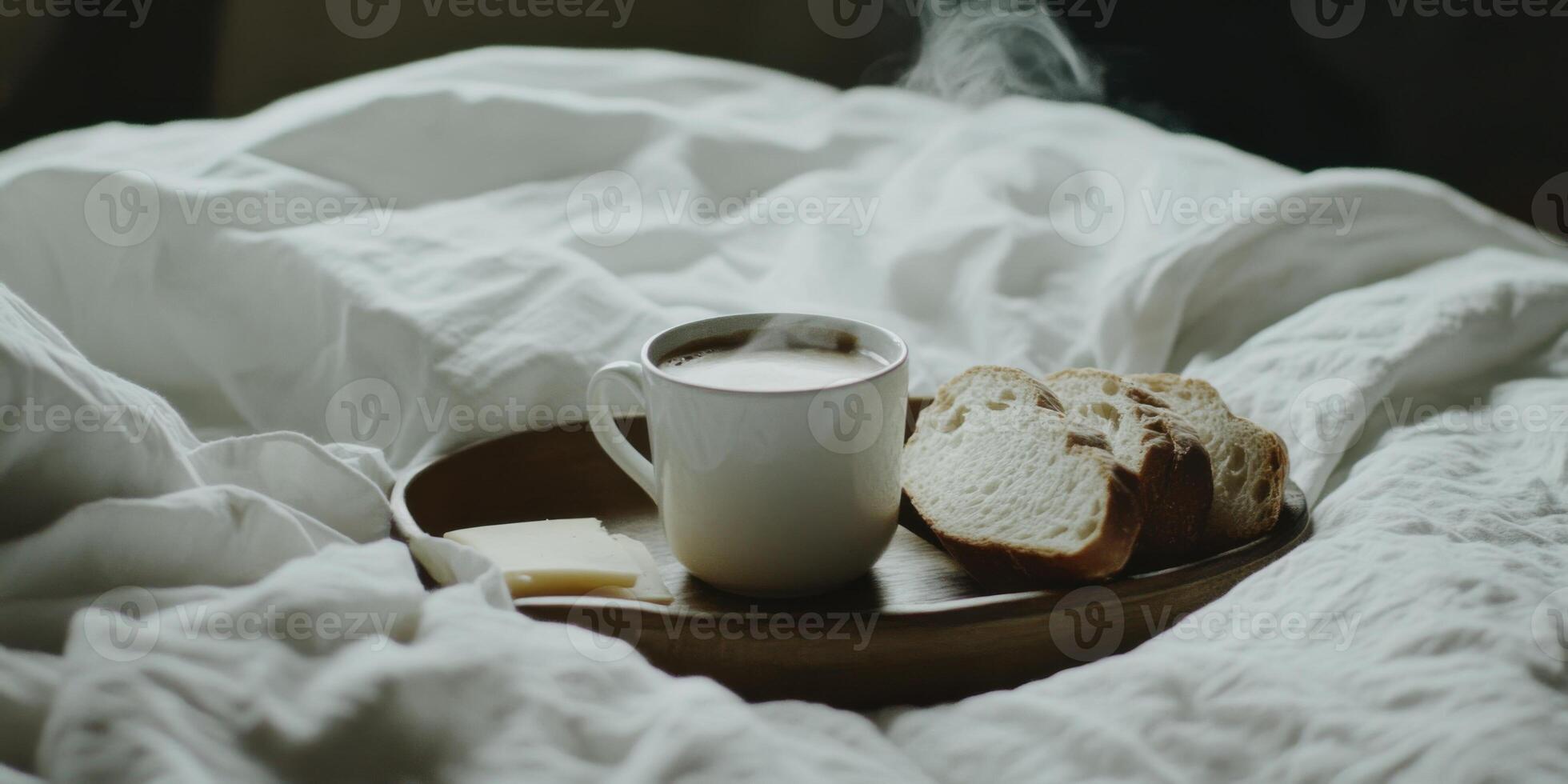 A Cozy Morning Featuring Coffee and Bread Set Elegantly on Soft Bedding for a Relaxing Start photo