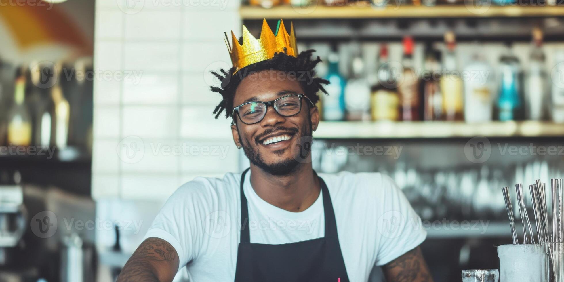 A joyful bartender proudly stands at a vibrant, lively bar, wearing a colorful, cheerful crown photo