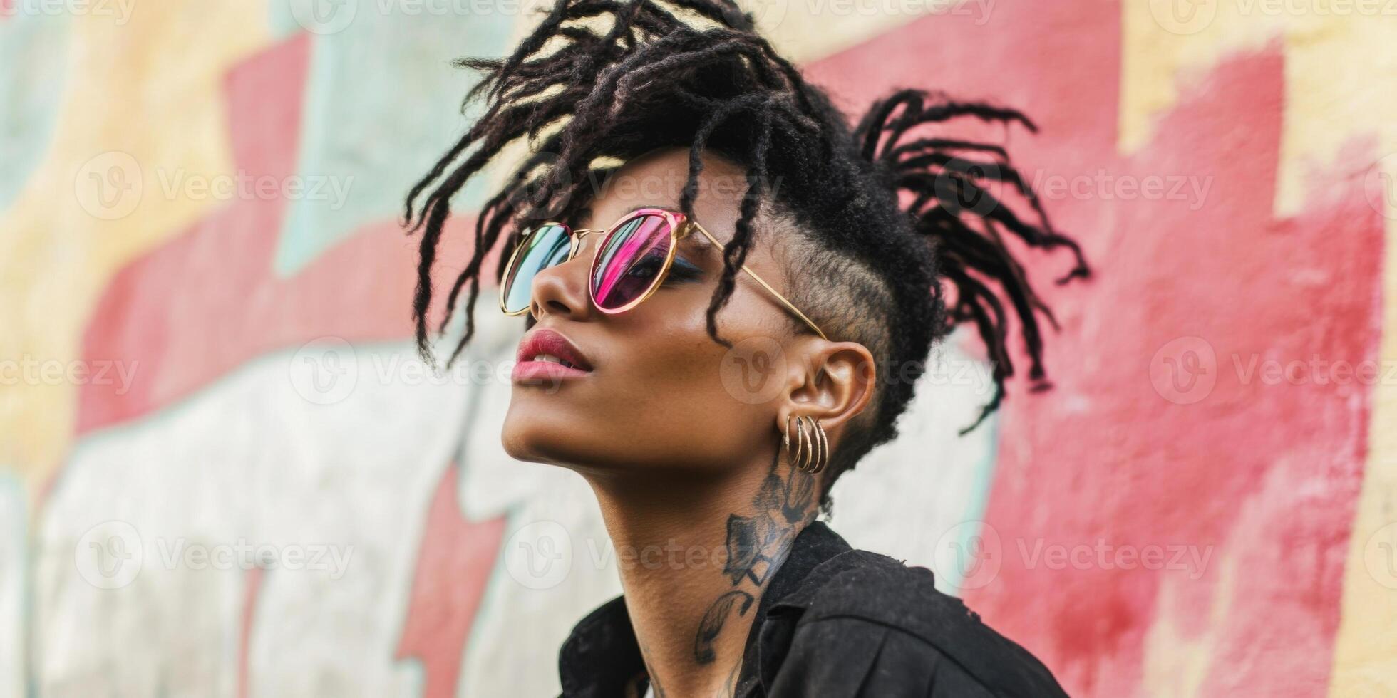 Stylish Woman with Dreadlocks and Fashionable Sunglasses Posed Against a Vibrant Wall photo