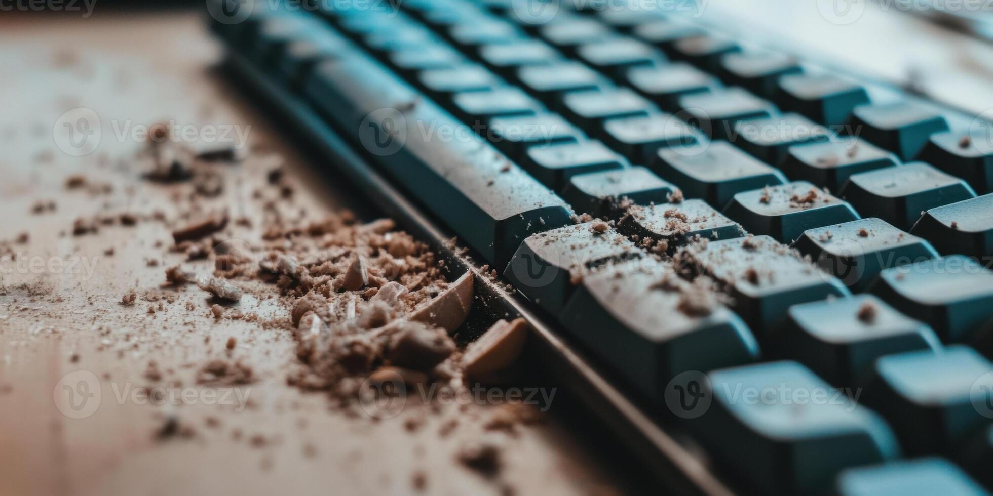 A detailed closeup view of a very dirty computer keyboard, showing debris and dust particles photo