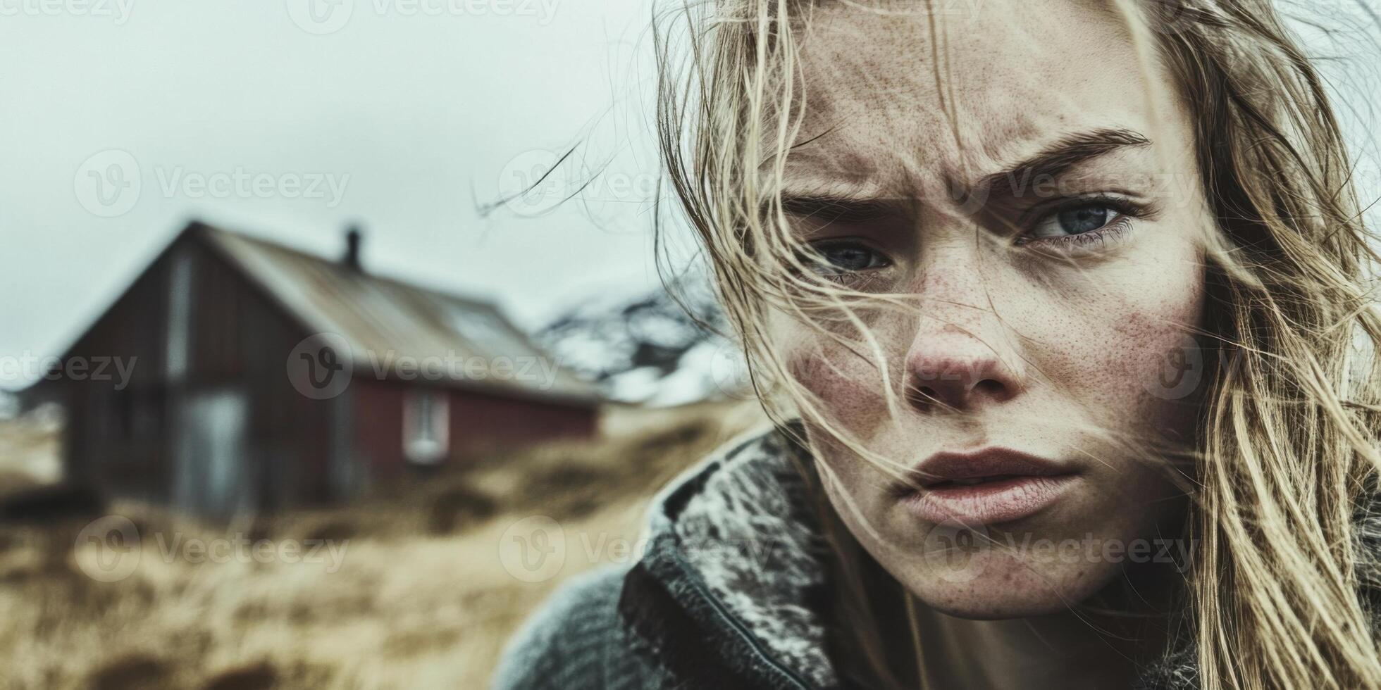 An Intense Portrait of a Fearless Woman Set Against a Rugged, Dramatic Landscape Environment photo