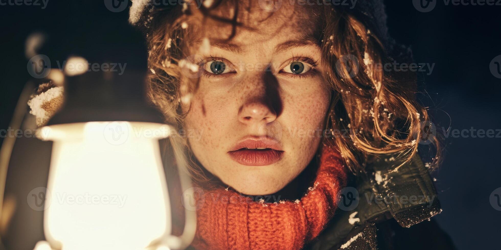 A Person Engaging with a Lantern in a Serene, Snowy Outdoor Environment, Embracing the Chill photo