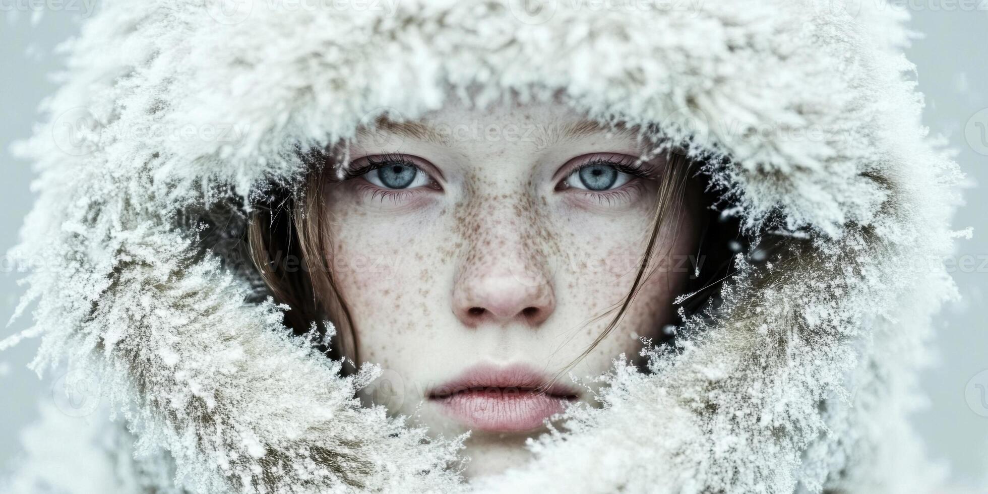 A beautiful snowy portrait featuring a young girl wearing a cozy fur hood as her attire photo