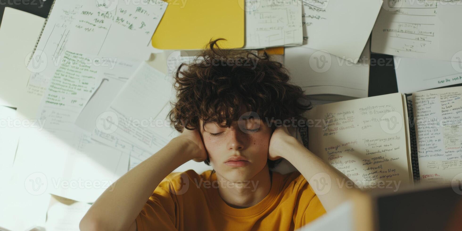An Overwhelmed Student is Surrounded by a Huge Amount of Study Materials and Books photo