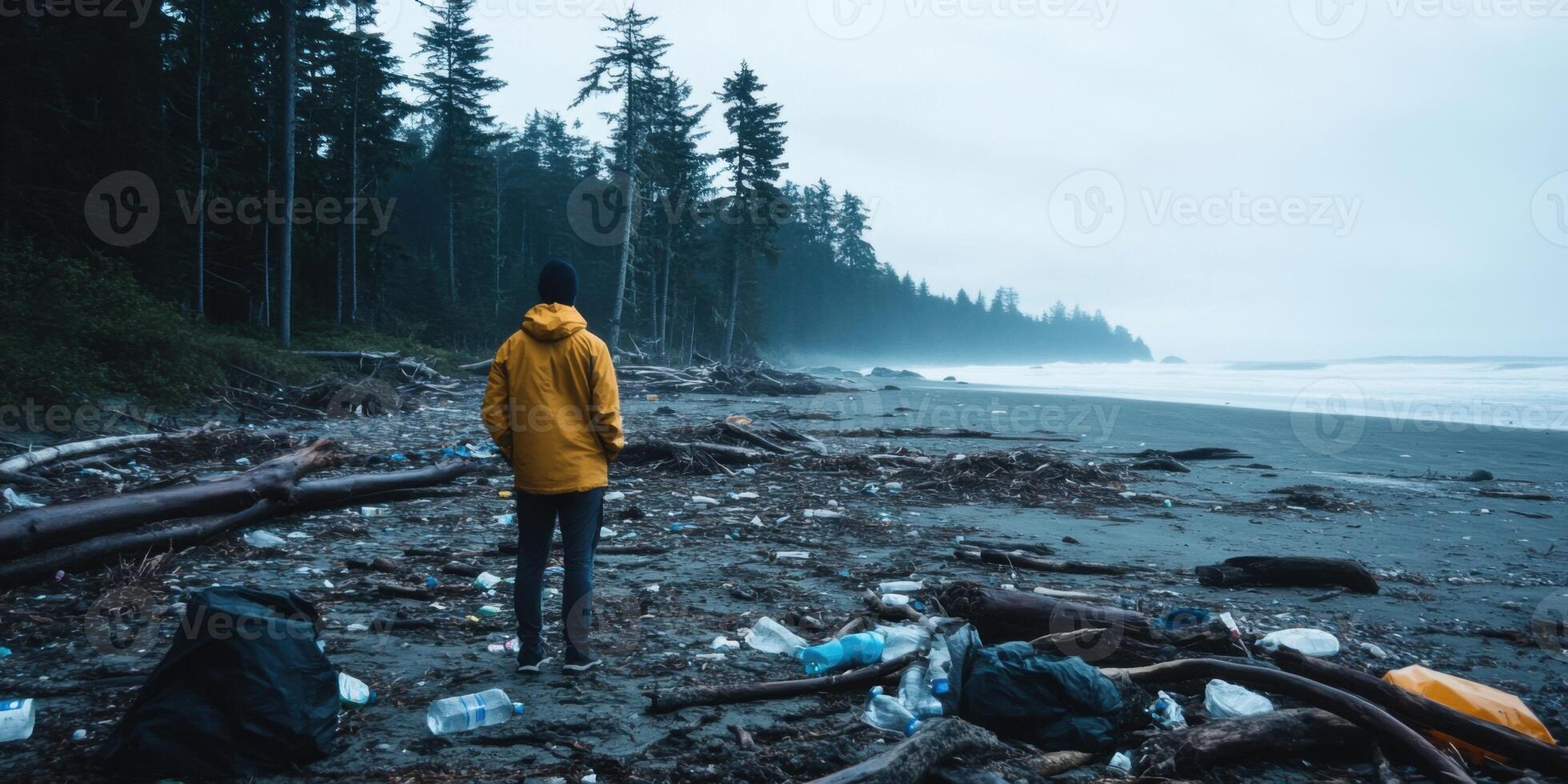 A person dressed in a bright yellow jacket stands amidst a stunning beach filled with debris photo