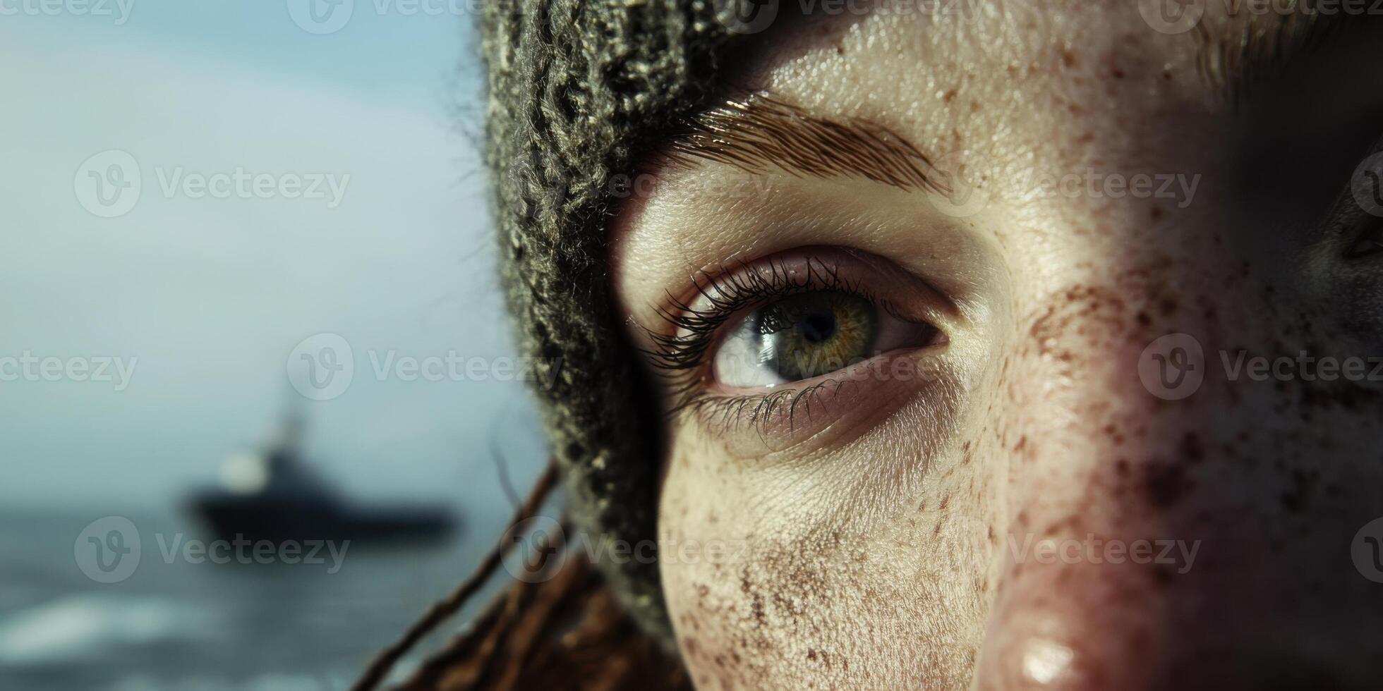 An Intense and Focused Gaze at the Sea with a Fishing Vessel Visible in the Background photo