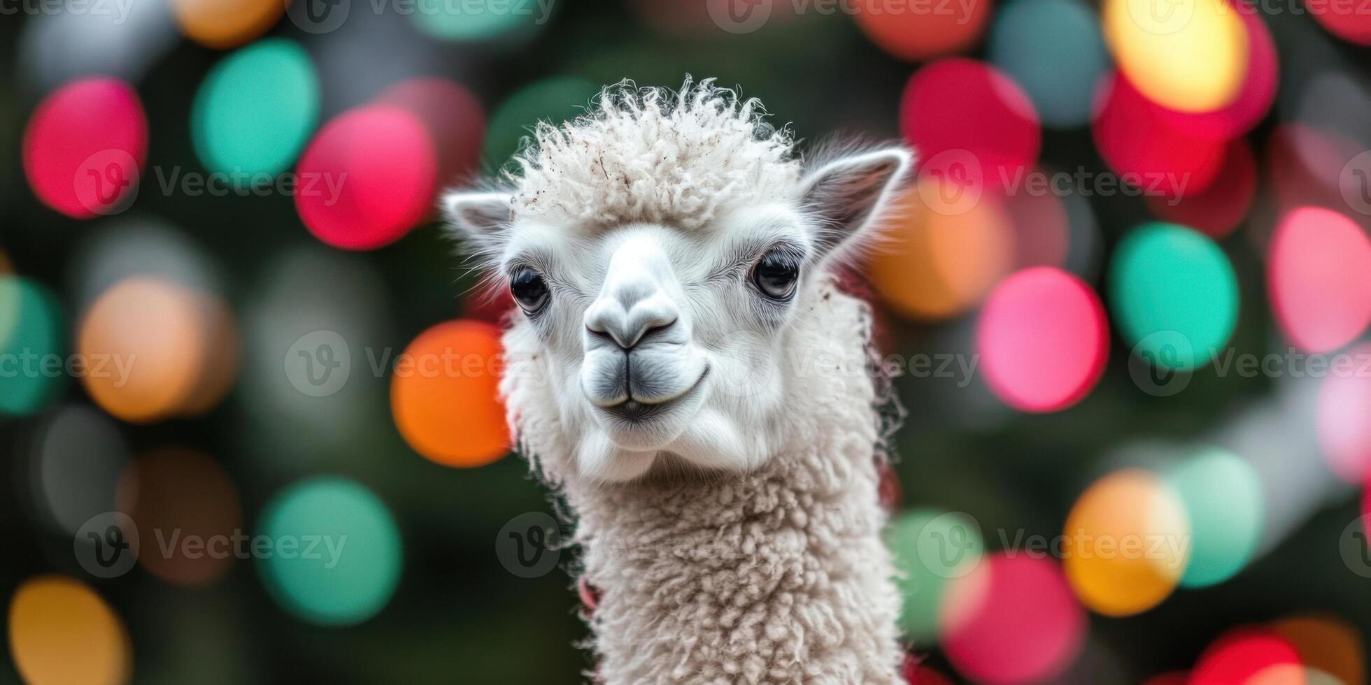 Adorable and Cute Alpaca Portrait Set Against a Colorful and Festive Bokeh Background photo