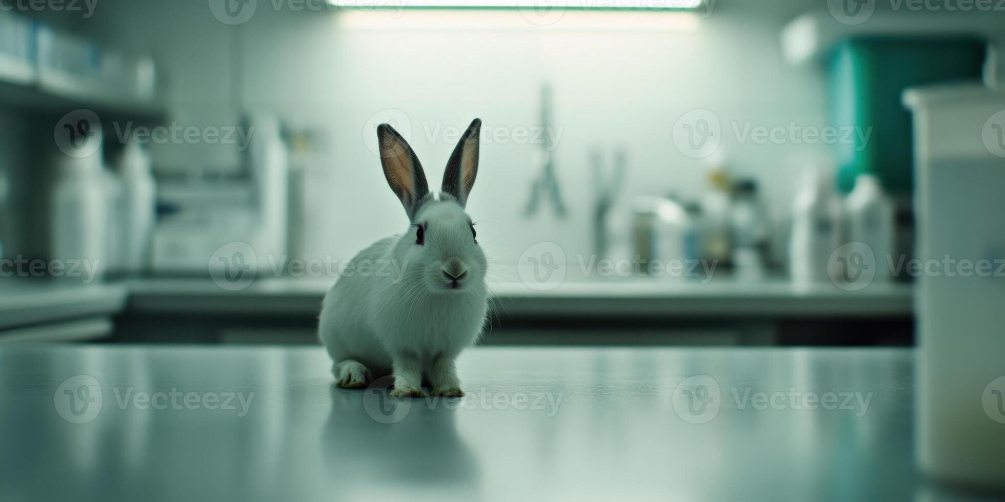 A White Rabbit situated in a Laboratory Environment showcasing its calm and adorable nature photo