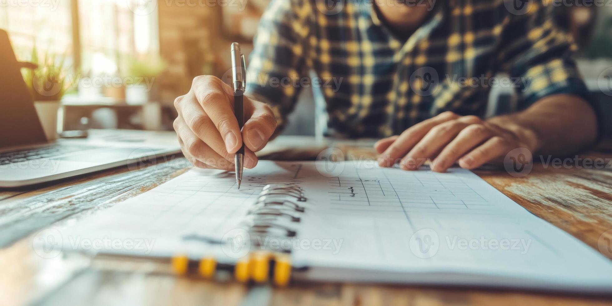 A person diligently writing notes in a notebook while benefiting from natural lights glow photo