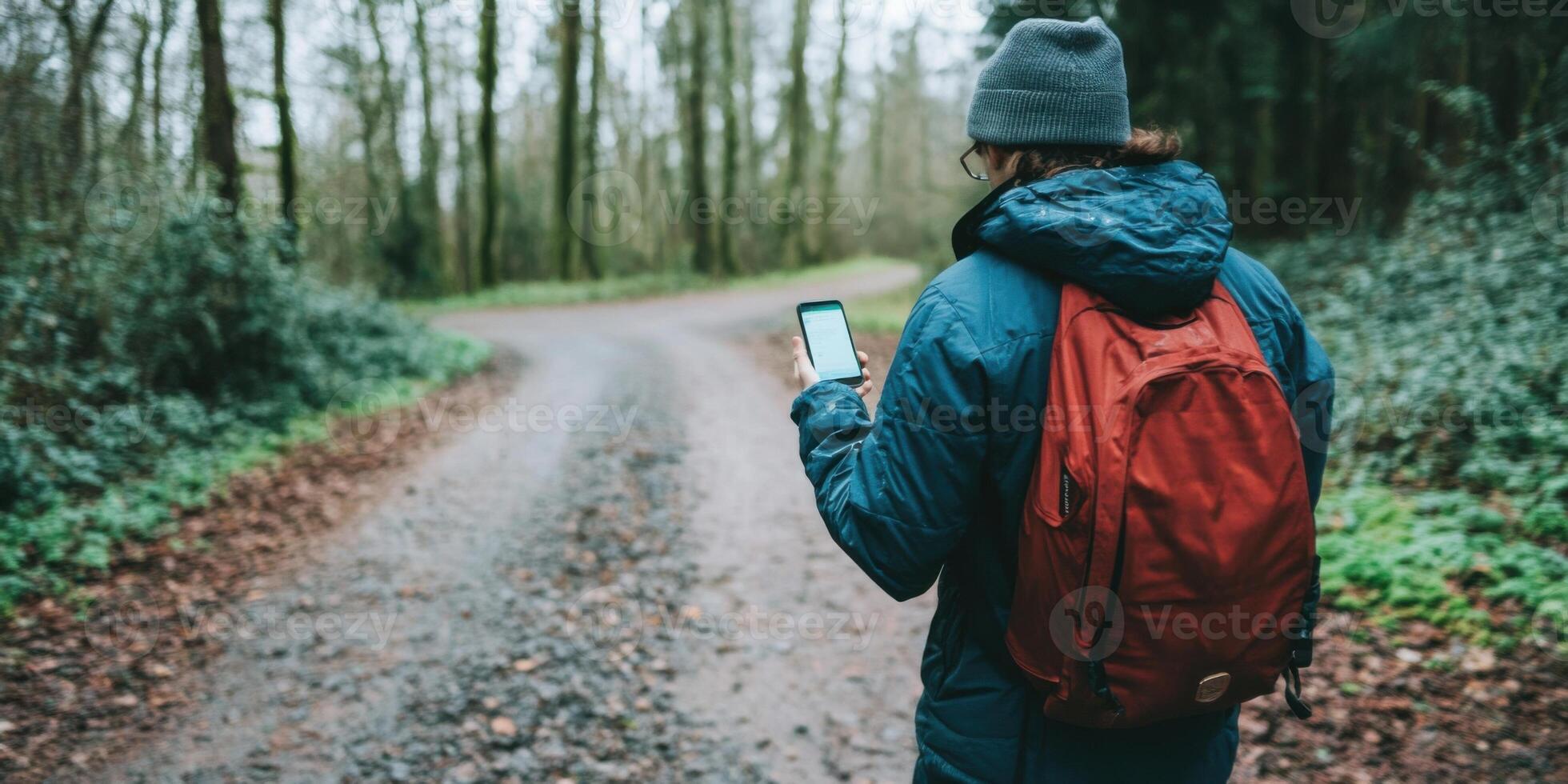 A dedicated hiker skillfully navigating a beautiful trail while holding a smartphone in hand photo