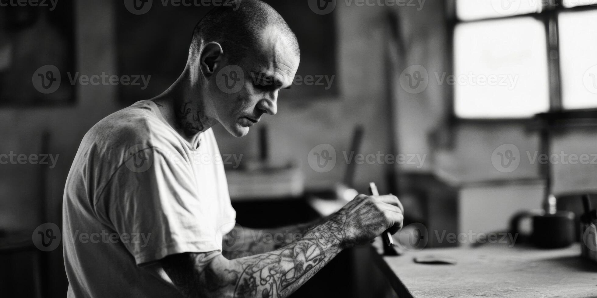 An Artisan Dedicating Time to Create an Intricate Tattoo Design Using Black and White photo