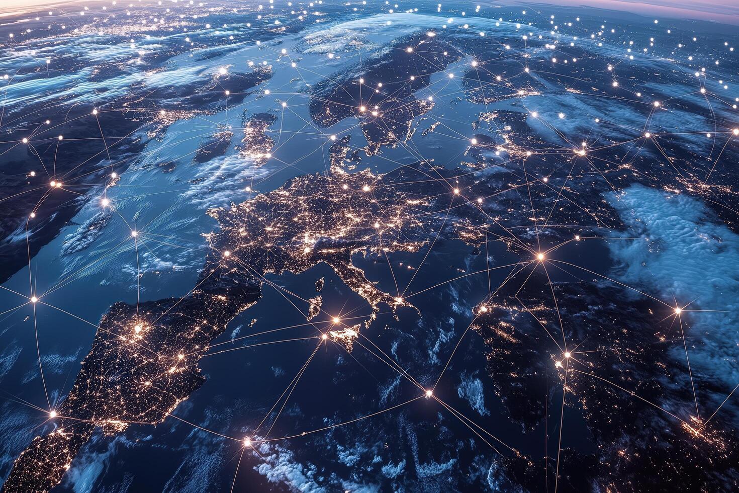 Global connections illuminated across continents, showcasing a network of lights linking the world together photo