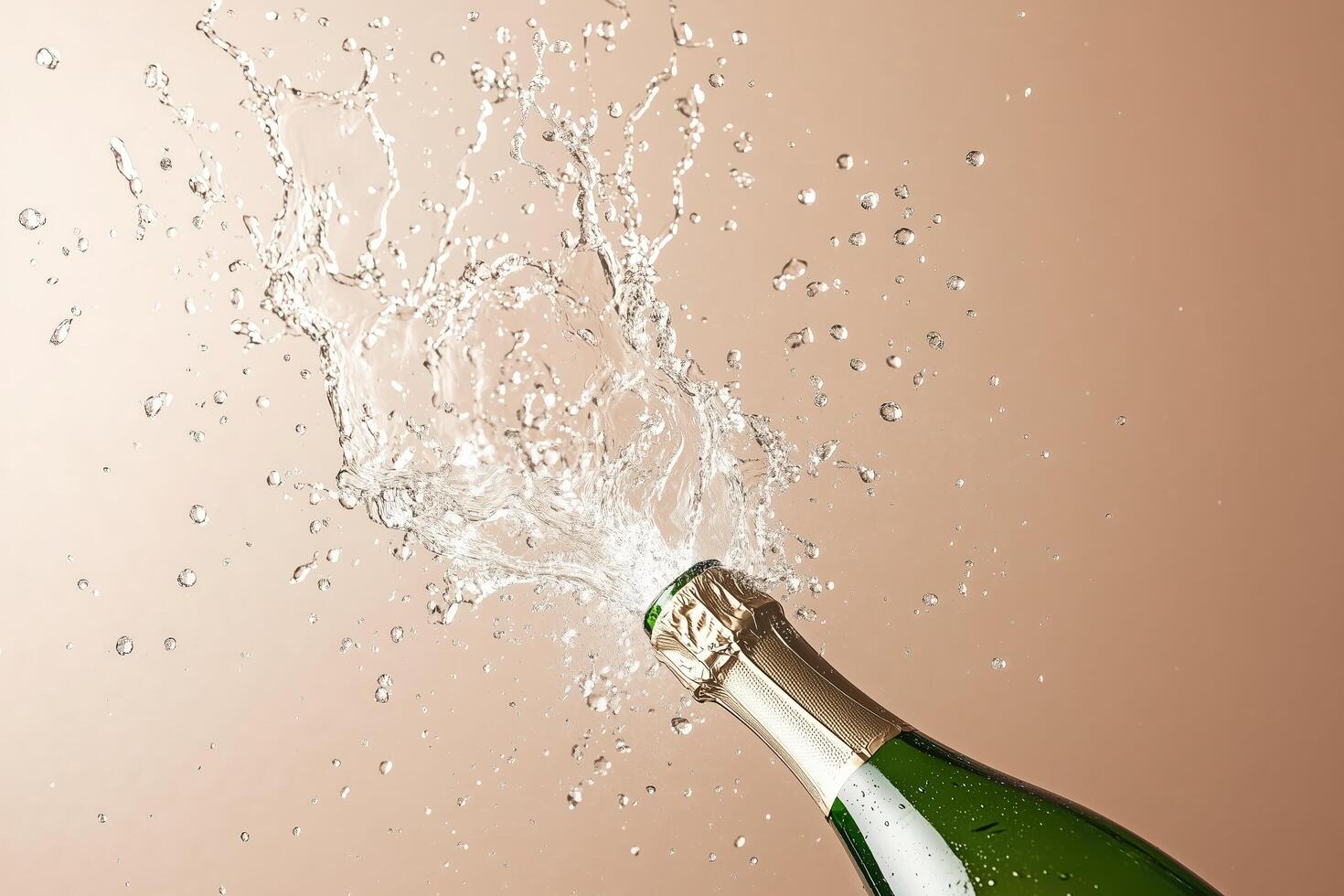 A celebratory champagne bottle explodes with sparkling spray, capturing the essence of joy and festivity photo