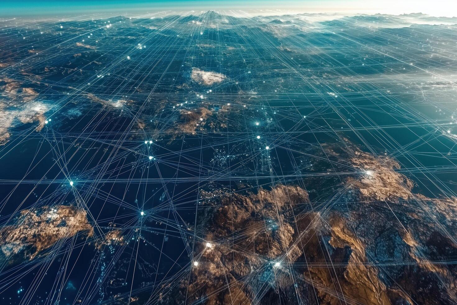 A futuristic network of interconnected cities glowing across the globe, visualized in a seamless web of data photo