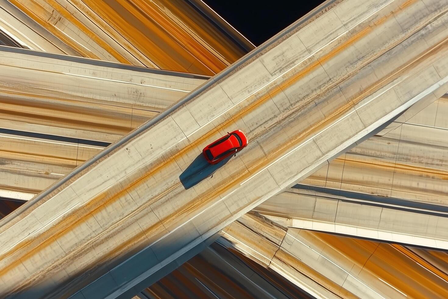 A bold red car crossing intersecting highways, showcasing dynamic lines and modern movement photo