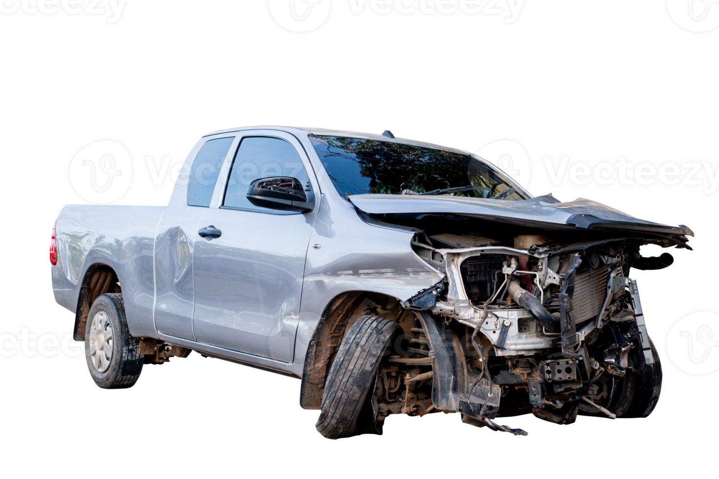 Car crash, Front and Side view of new black pickup car get damaged by accident on the road. damaged cars after collision. isolated on transparent background, File png
