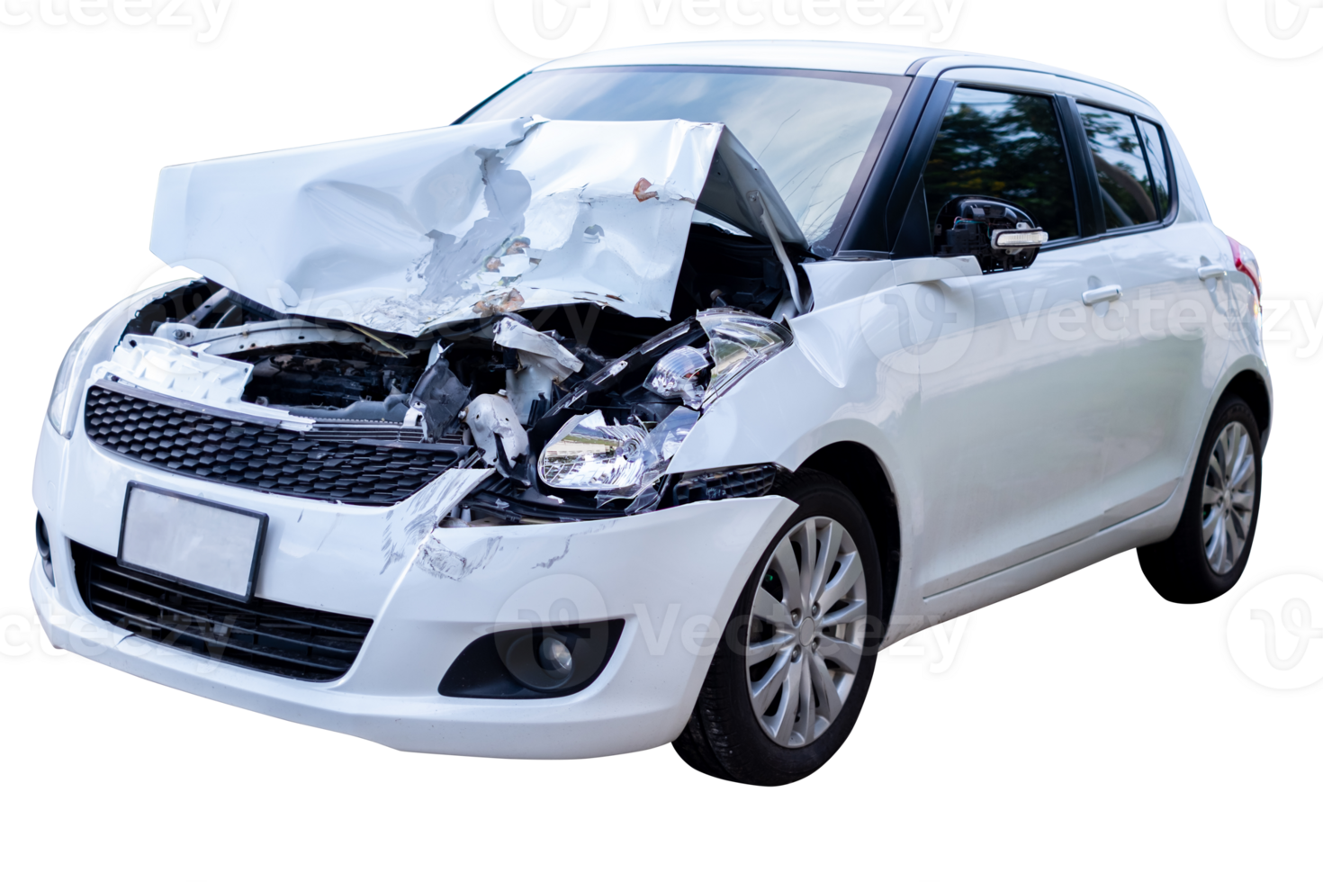 Car crash, Full body of front and side view white car get damaged by accident on the road. damaged cars after collision. Isolated on transparent background, car crash broken, File png