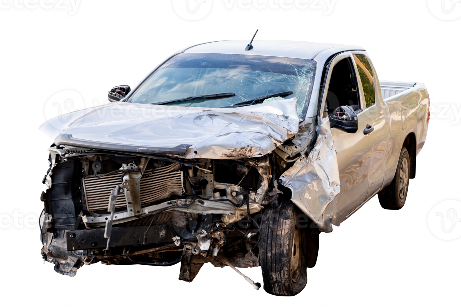 Car crash, Front and Side view of bronz pickup car get hard damaged by accident on the road. damaged cars after collision. isolated on transparent background, File png