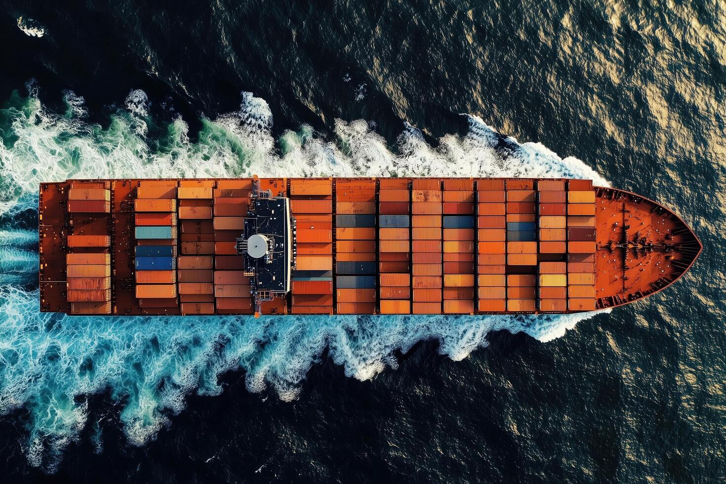 Aerial View of a Cargo Ship Plowing Through Ocean Waves photo