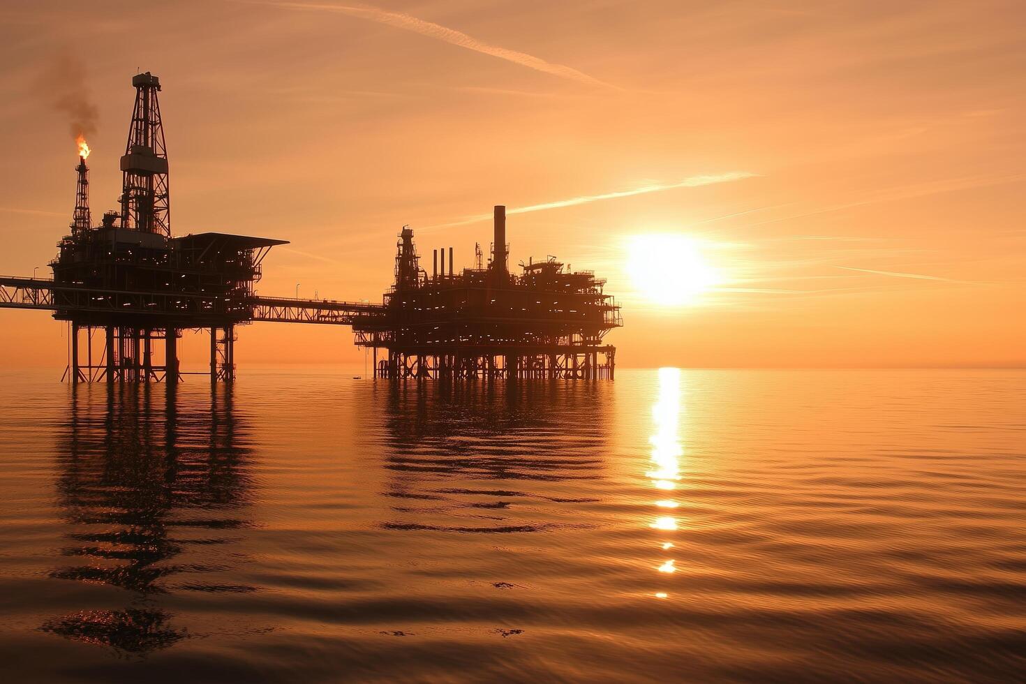 Sunset Silhouettes Offshore Oil Rig Amidst a Golden Horizon photo