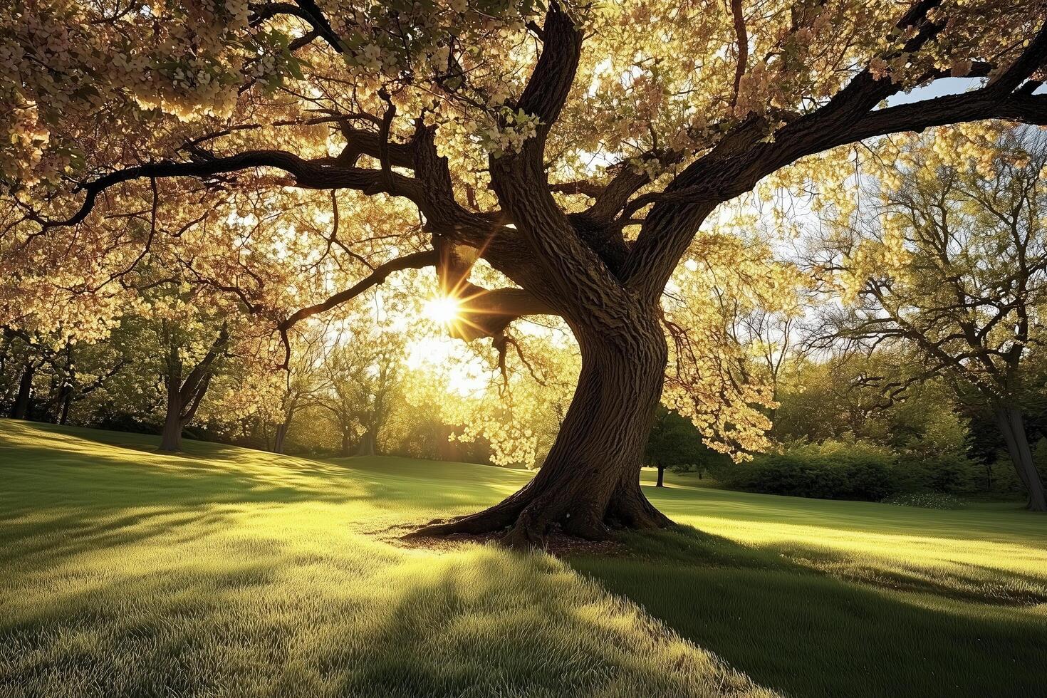 Golden Sunlight Through Blooming Tree photo