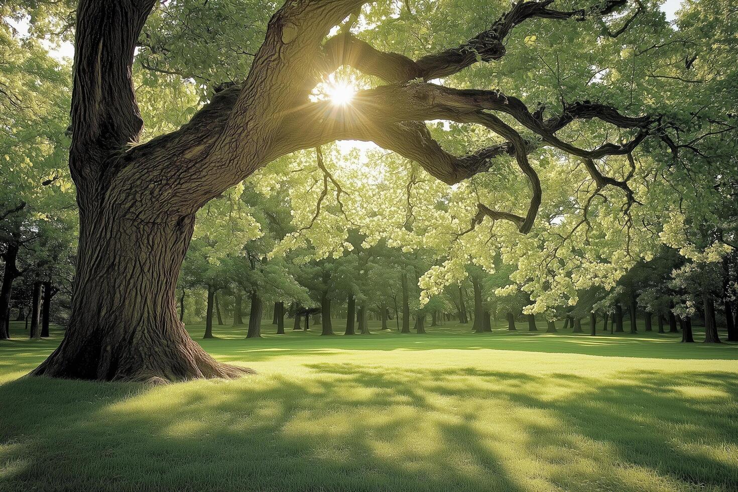 Sunlight Streaming Through Majestic Tree Canopy photo