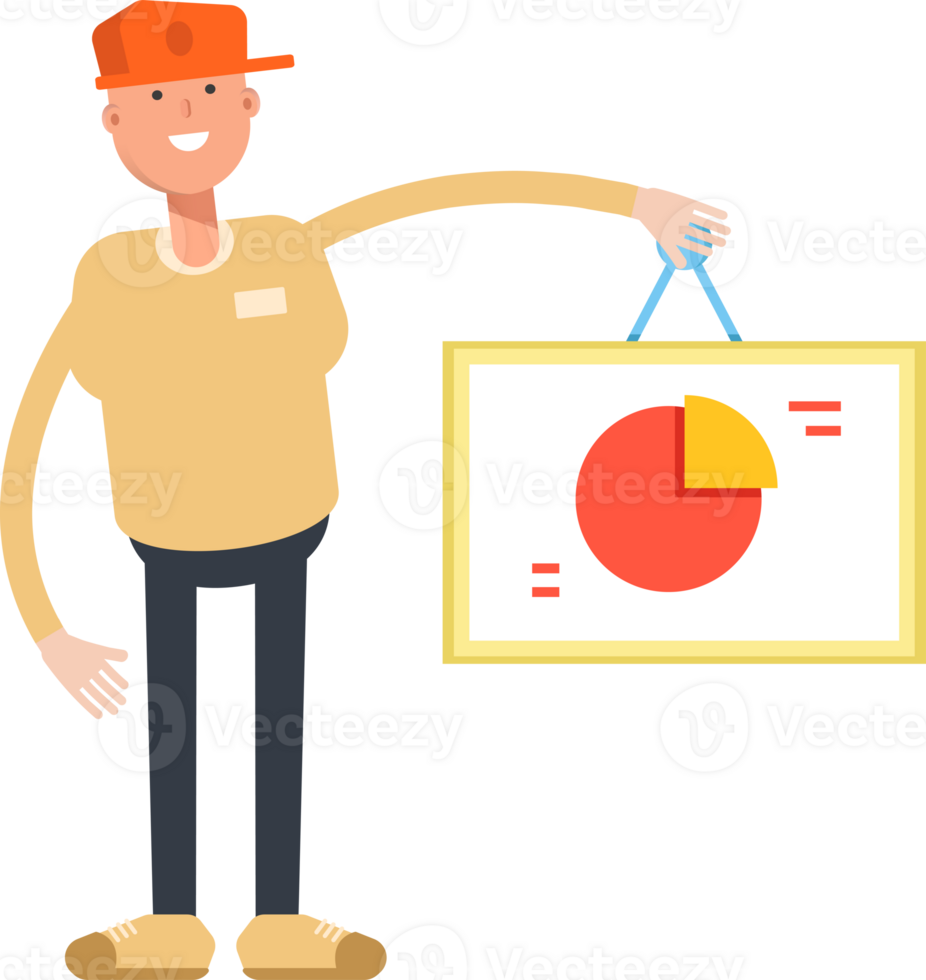 Man Wearing Cap Character Holding Pie Chart Signage png