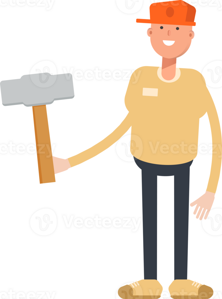 Man Wearing Cap Character Holding Hammer Tool png