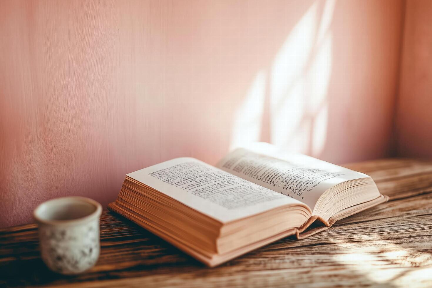 Open Book on Rustic Table with Sunlit Warmth photo