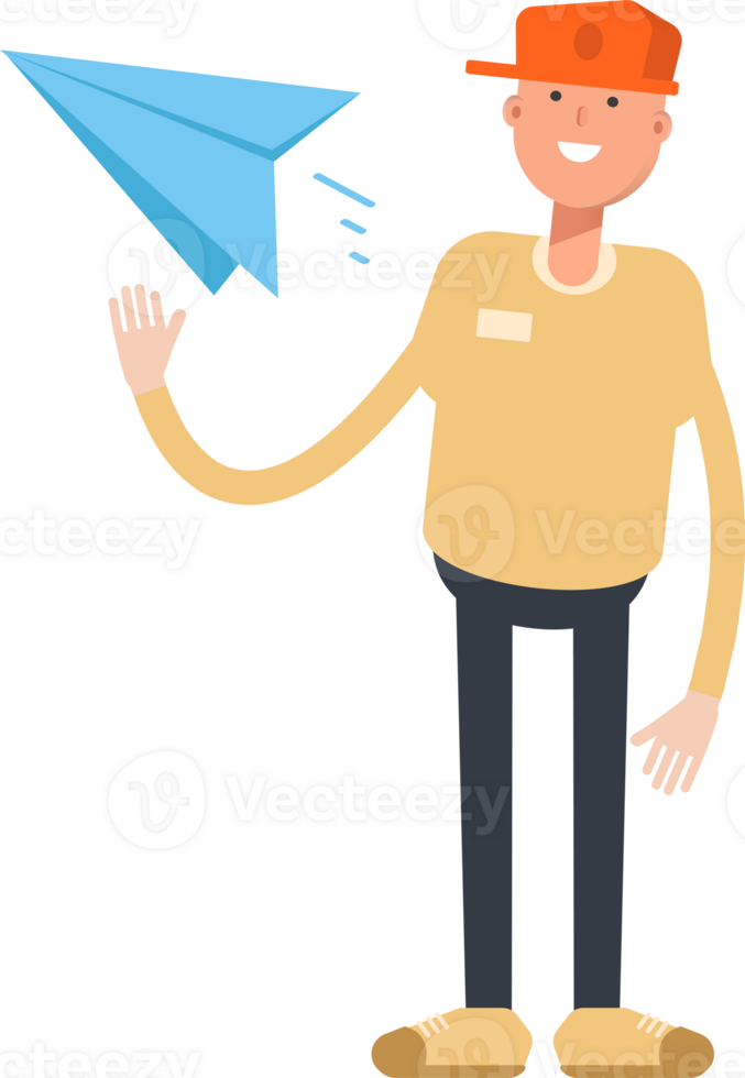 Man Wearing Cap Character Holding Paper Plane png