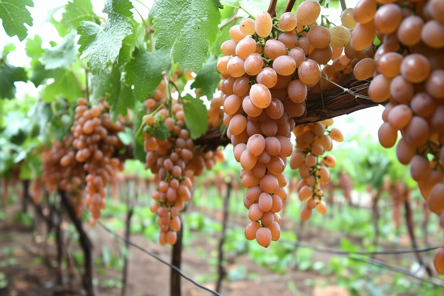 Golden Grapes Hanging on Vines in a Lush Vineyard photo