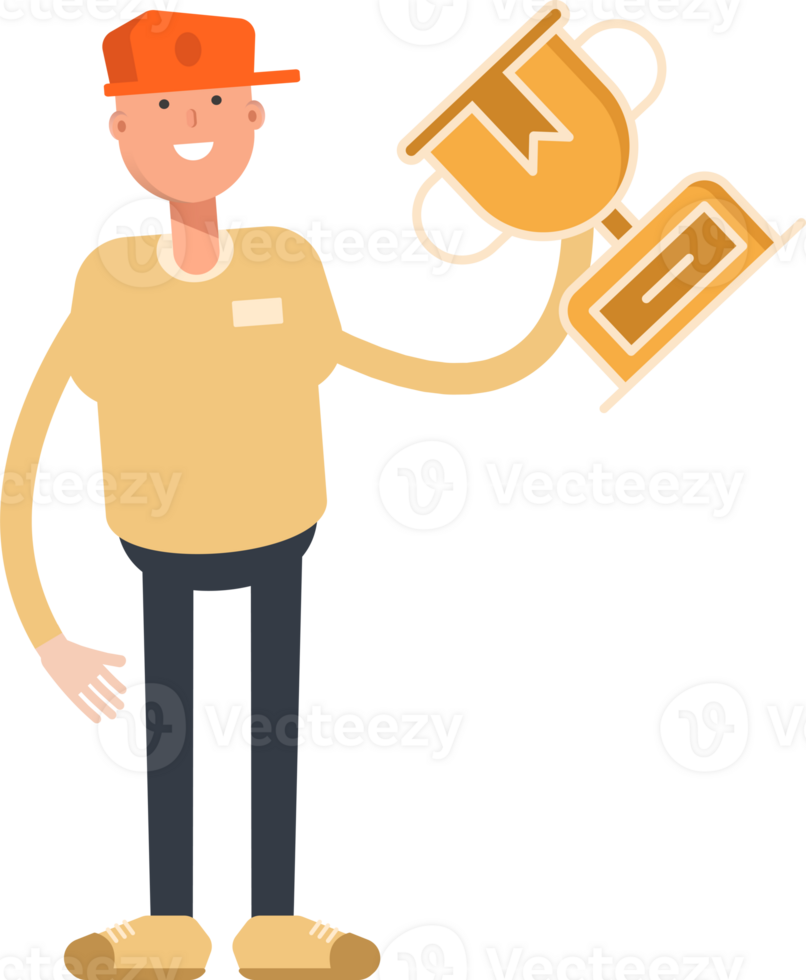 Man Wearing Cap Character Holding Up Trophy png