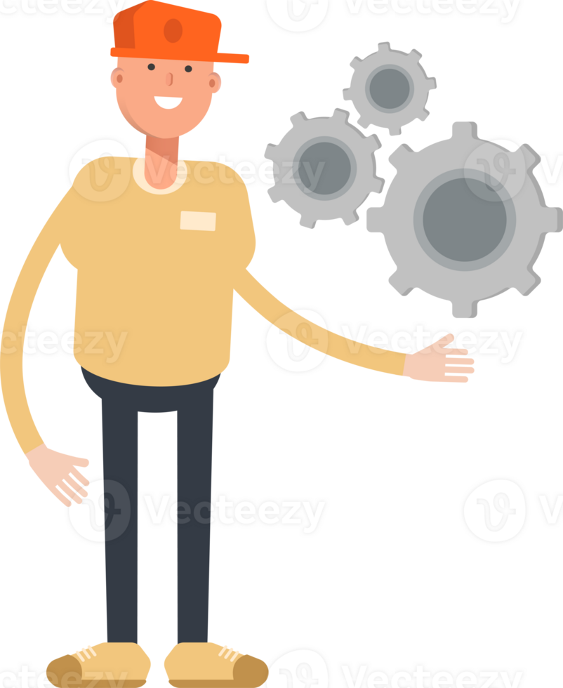 Man Wearing Cap Character Holding Gears png