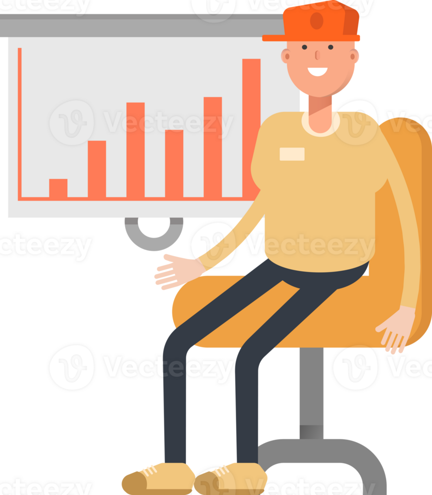 Man Wearing Cap Character Presenting Bar Chart png