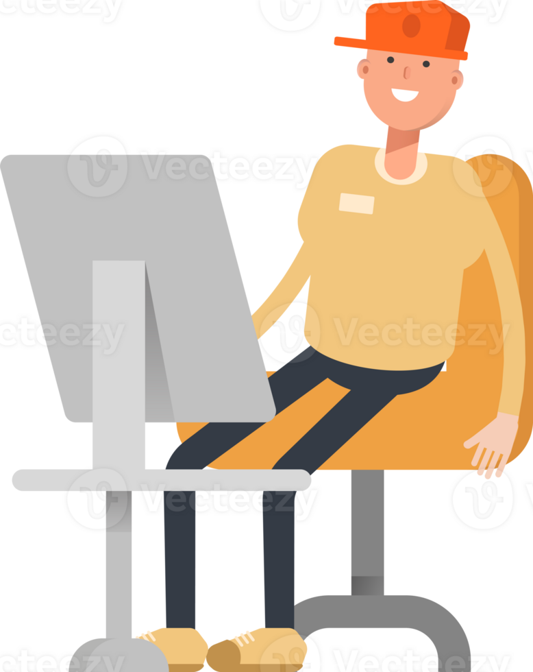 Man Wearing Cap Character Working on Desktop png