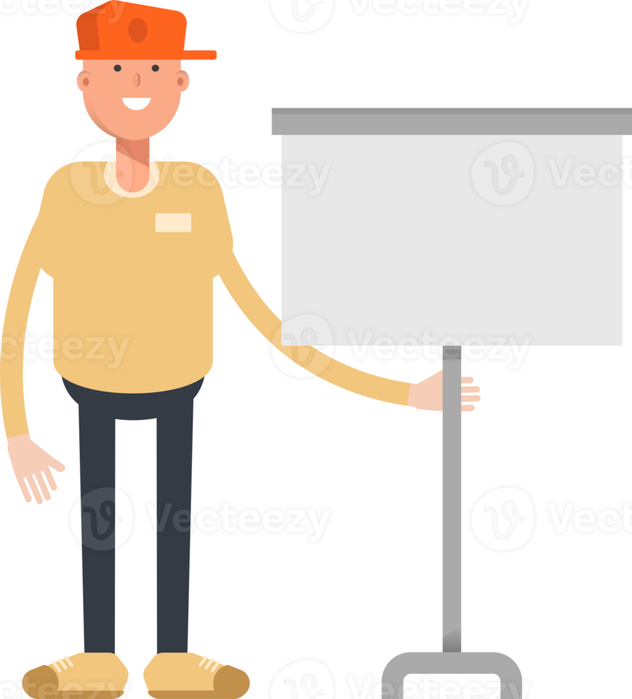 Man Wearing Cap Character Presenting Whiteboard png