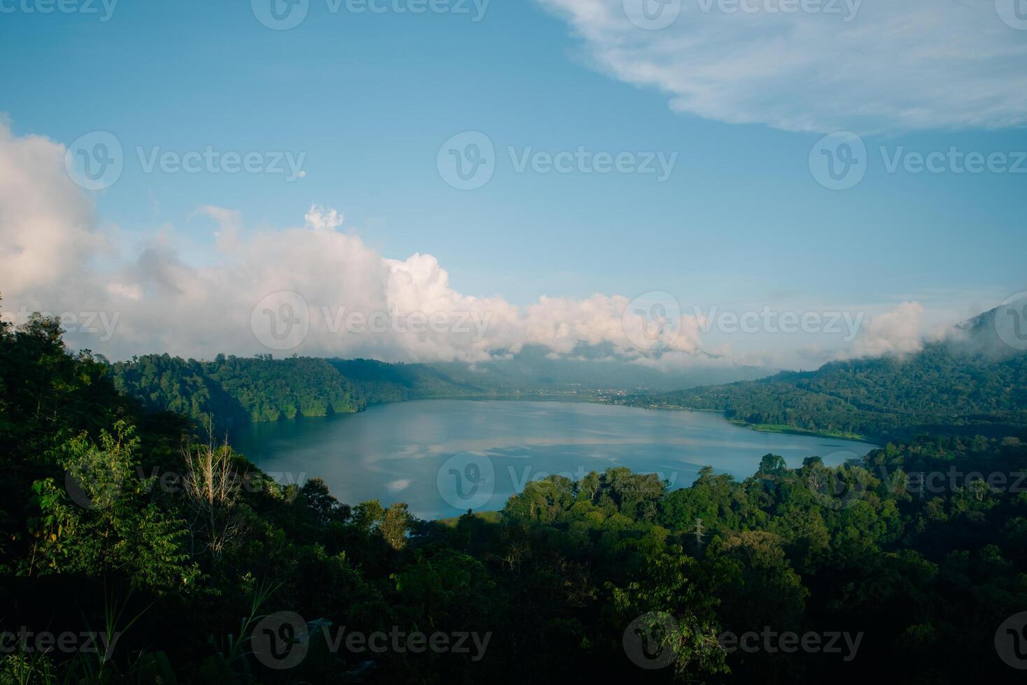 Top aerial view of a beautiful Buyan Lake, a tropical paradise, palm trees, exotic trees, and mountains in Bali photo