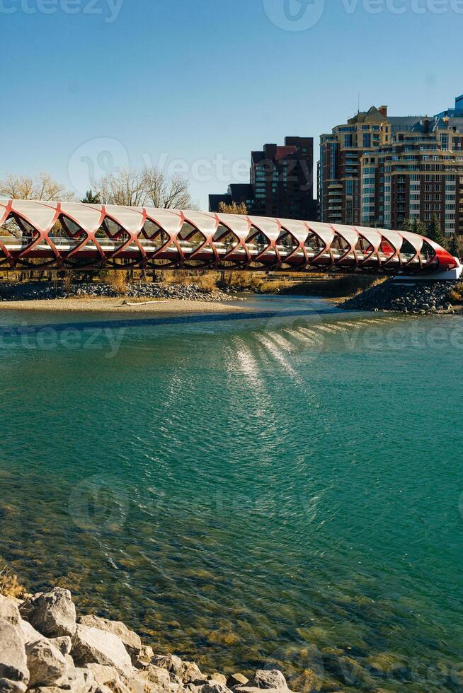 Peace Bridge with Bow River and part of the Calgary downtown in a sunny autumn day. photo
