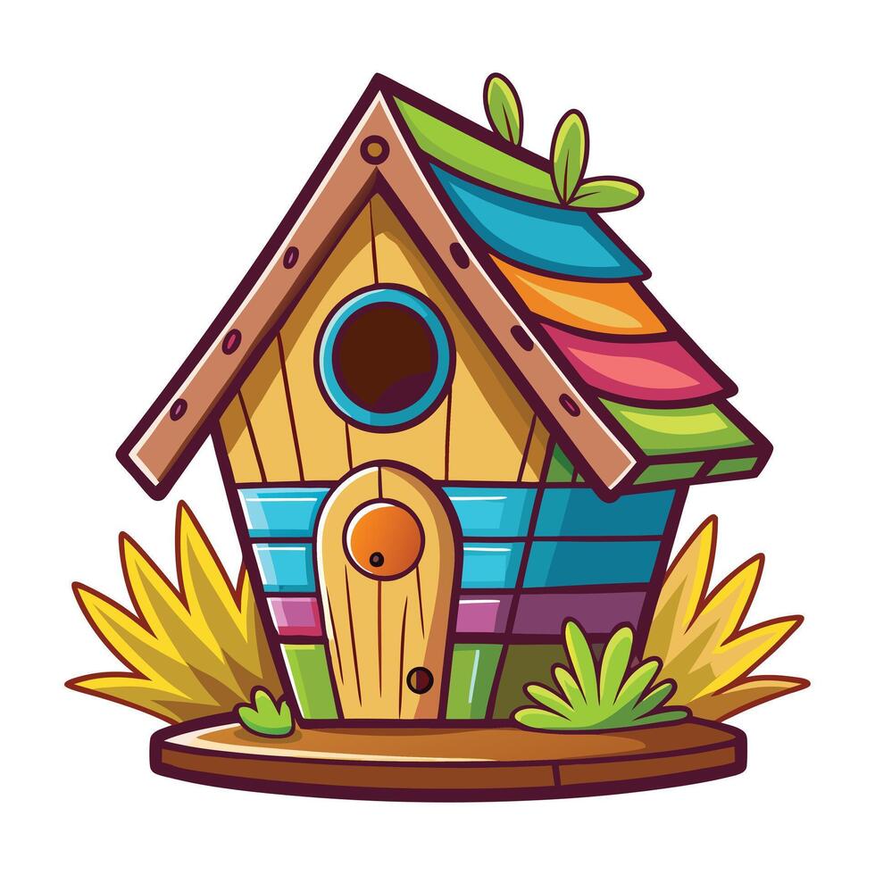 a cartoon birdhouse with colorful roof and grass vector
