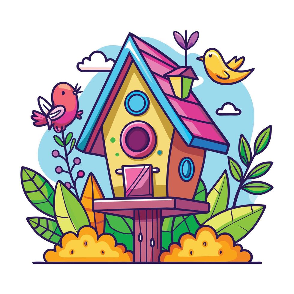 birdhouse with bird and flowers on the roof vector