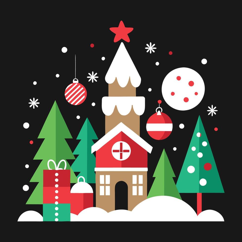 Christmas village with Christmas tree and presents illustration vector