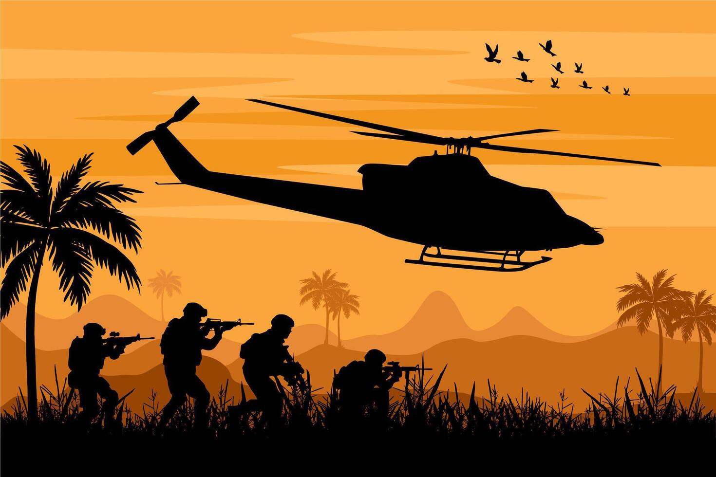 helicopter and soldier background silhouette vector