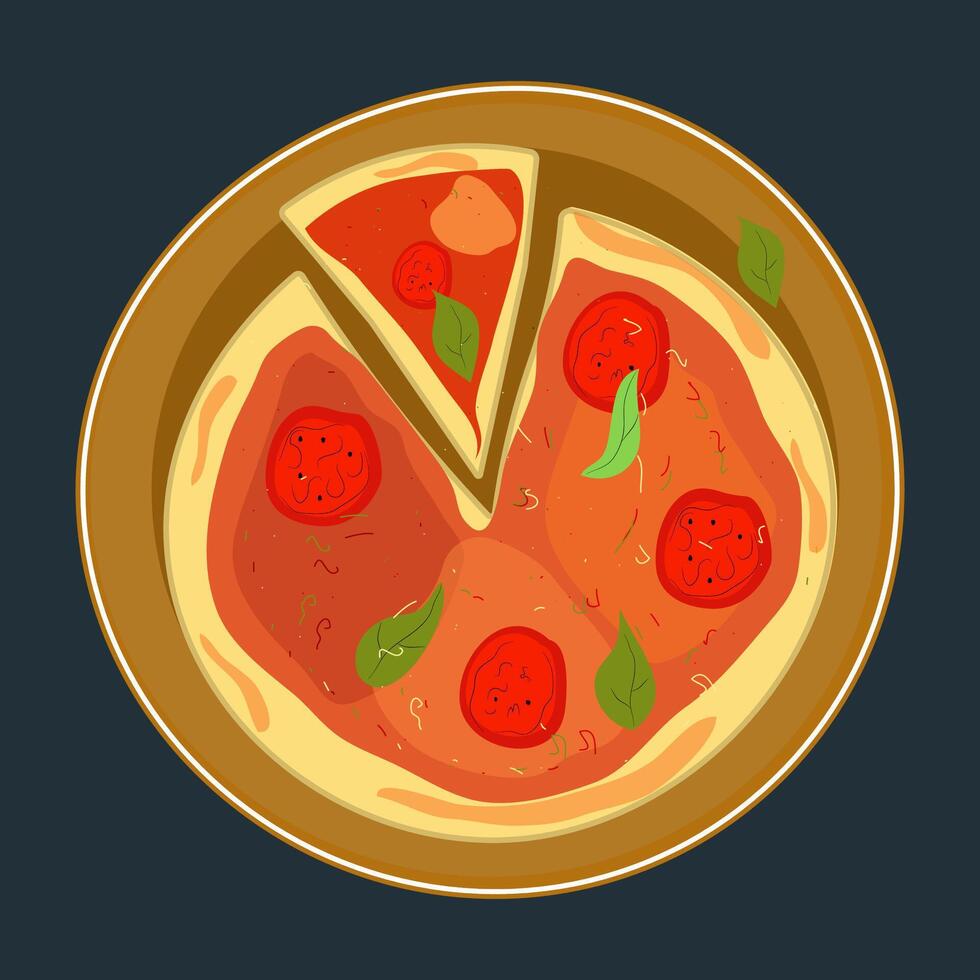 Pizza with tomatoes and basil. Pizza on a plate. Top view. vector