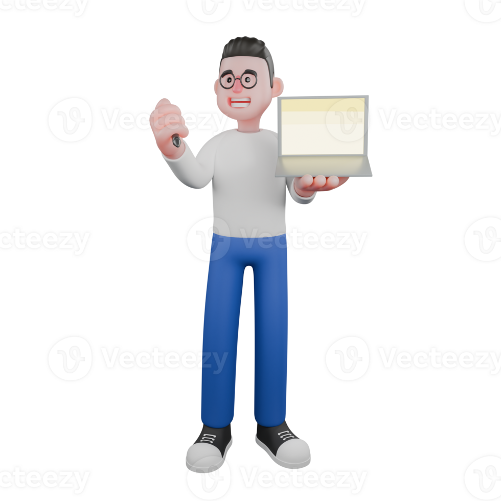 cartone animato personaggio 3d modello editore design. un' maschio editore sta Tenere un' penna e un' il computer portatile nel tutti e due mani, spiegando espressione. illustrazione design. png