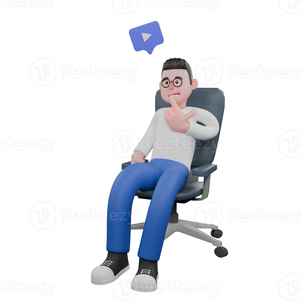 Editor in Cartoon Style 3D Model Illustration. A male editor sits with his left hand on his chin, thinking expression. Design Character. png