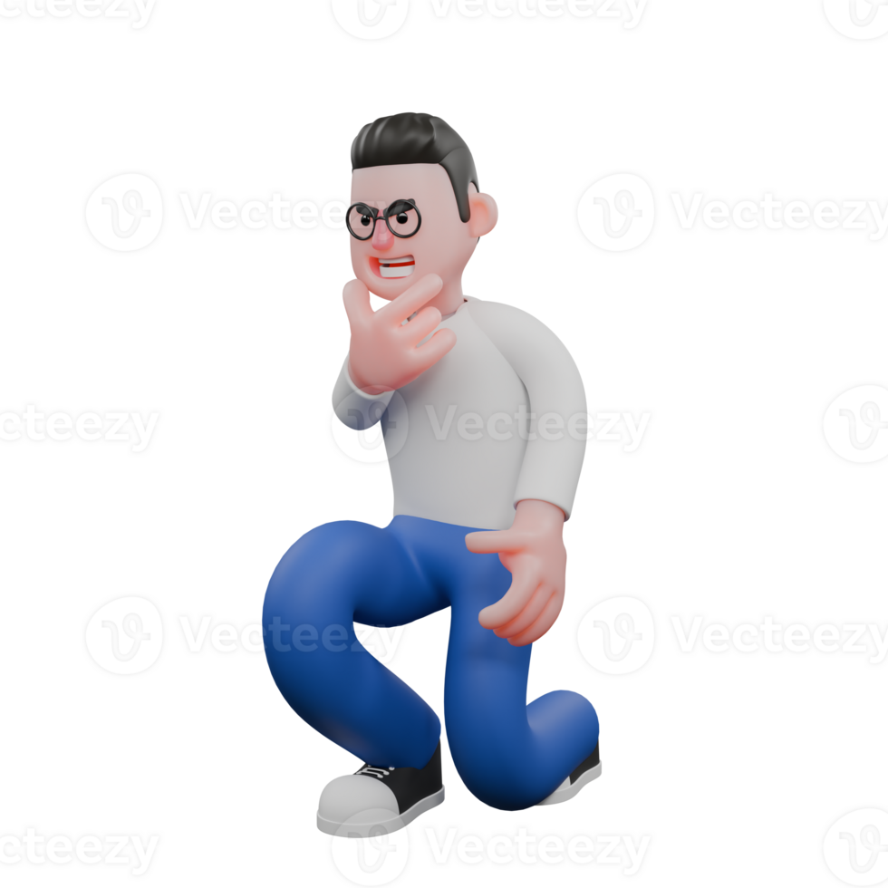 Cartoon Character 3D Model Editor Design. A male editor squats with his right hand on his chin, thinking expression. Design Character. png