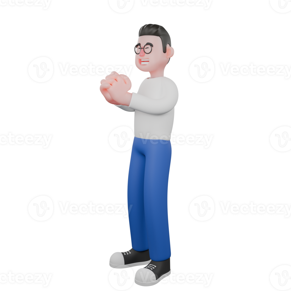 Editor in Cartoon Style 3D Model Illustration. A male editor stands with his hands together and his eyes closed. Design Character. png