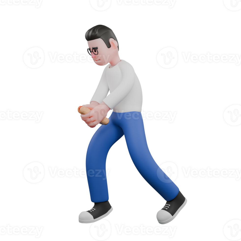 Professional Editing 3D Cartoon Model. A male editor walks with both hands holding a hotdog. Illustration Design png