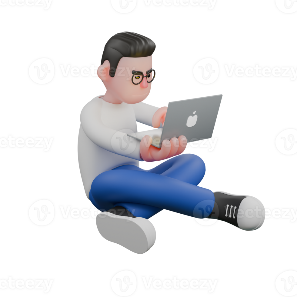 Cartoon Character 3D Model Editor Design. A male editor sits cross-legged on the floor with both hands holding a laptop with a focused expression. Design Character png