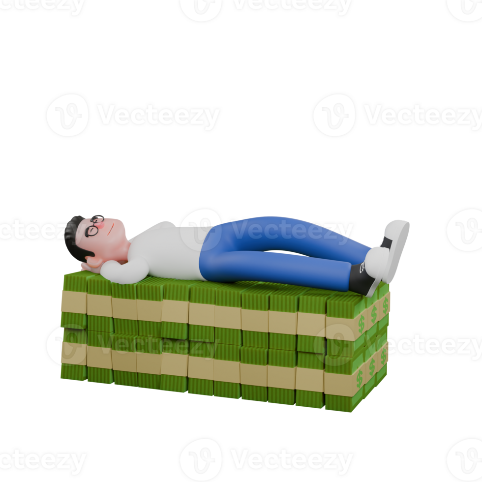 Cartoon Character 3D Model Editor Design. A male editor is lying on a pile of money with both hands behind his head. Design Character png